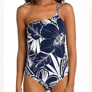 La Blanca Navy and White One-Shoulder Floral One-Piece Swimsuit